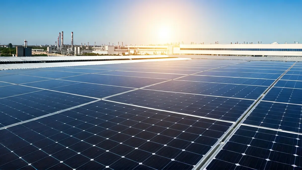 Generic image of solar panels in an industrial park, with bright sun.