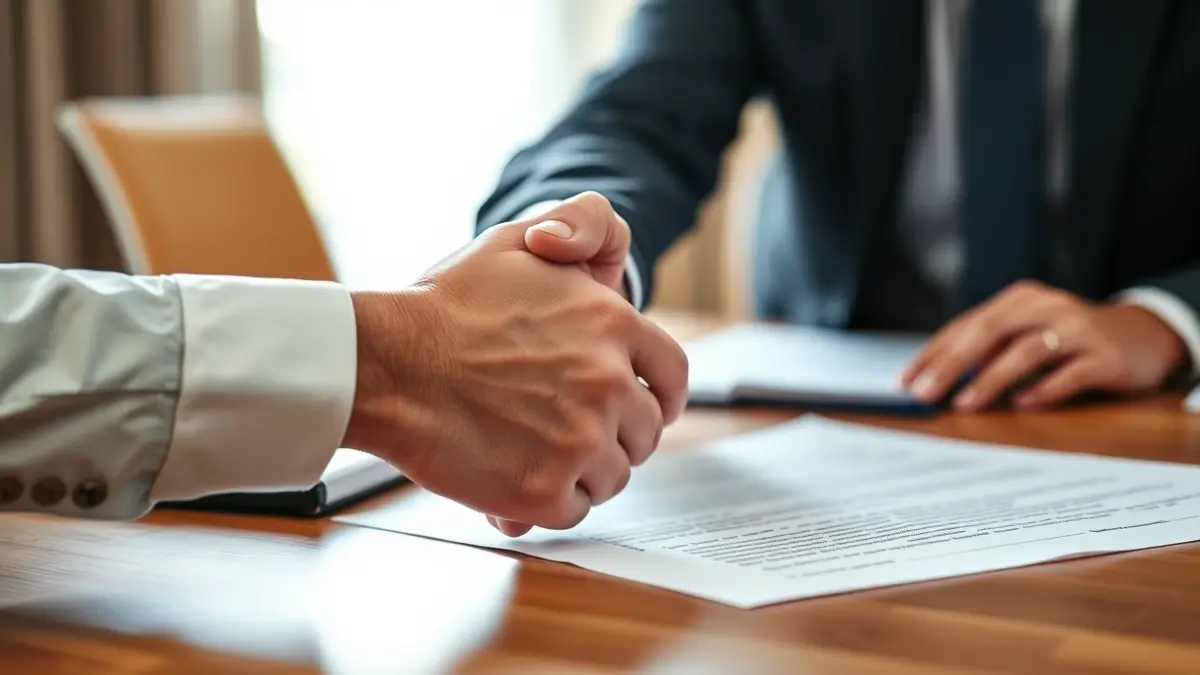 Generic image of a handshake over a desk with documents, symbolizing a labor negotiation.