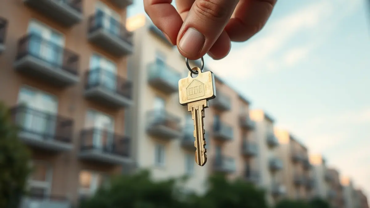 Generic image of a house key in a hand, with blurred buildings in the background.