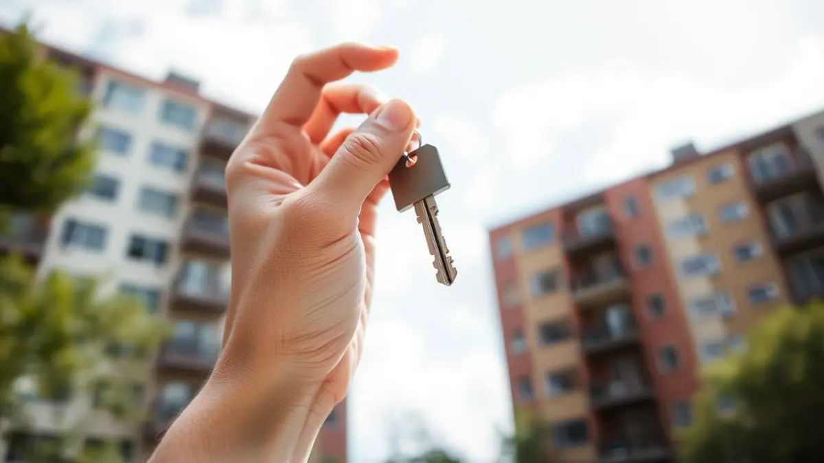 Hand holding a house key, with blurred apartment buildings in the background.