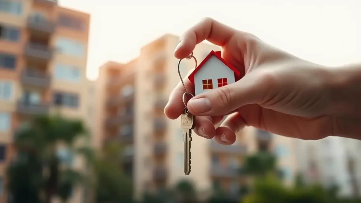 Generic image of a house key in a hand, with blurred buildings in the background.