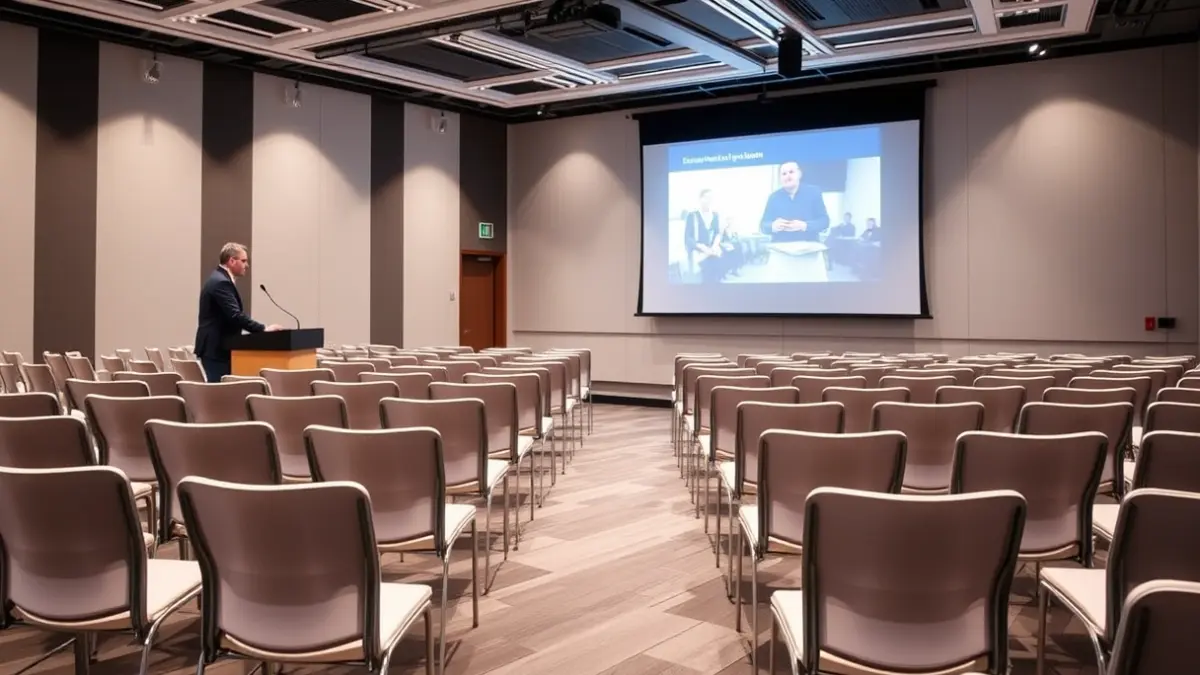 Generic image of a modern conference room with a podium and rows of chairs.