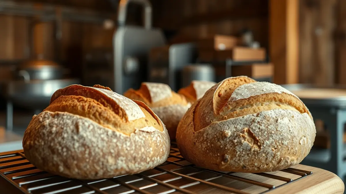 Generic image of artisanal sourdough bread loaves in a bakery.