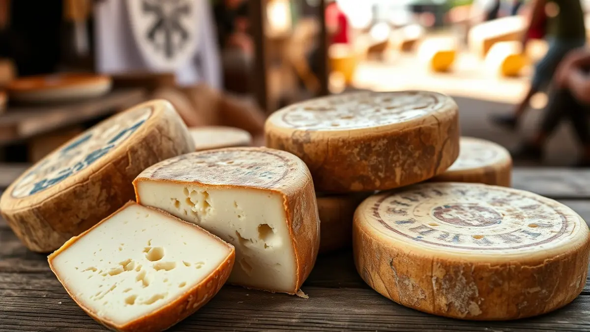 Image of Majorero cheeses at an agricultural fair.