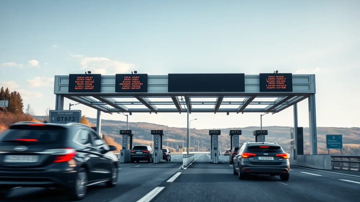 Generic image of a new toll system on the AP-68 highway, with electronic sensors and cars passing.