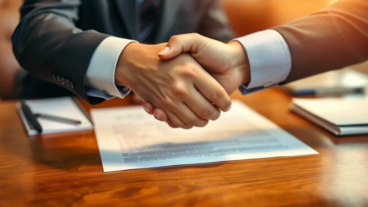 Generic image of a labor agreement, with two hands shaking over a blurred desk with paperwork.