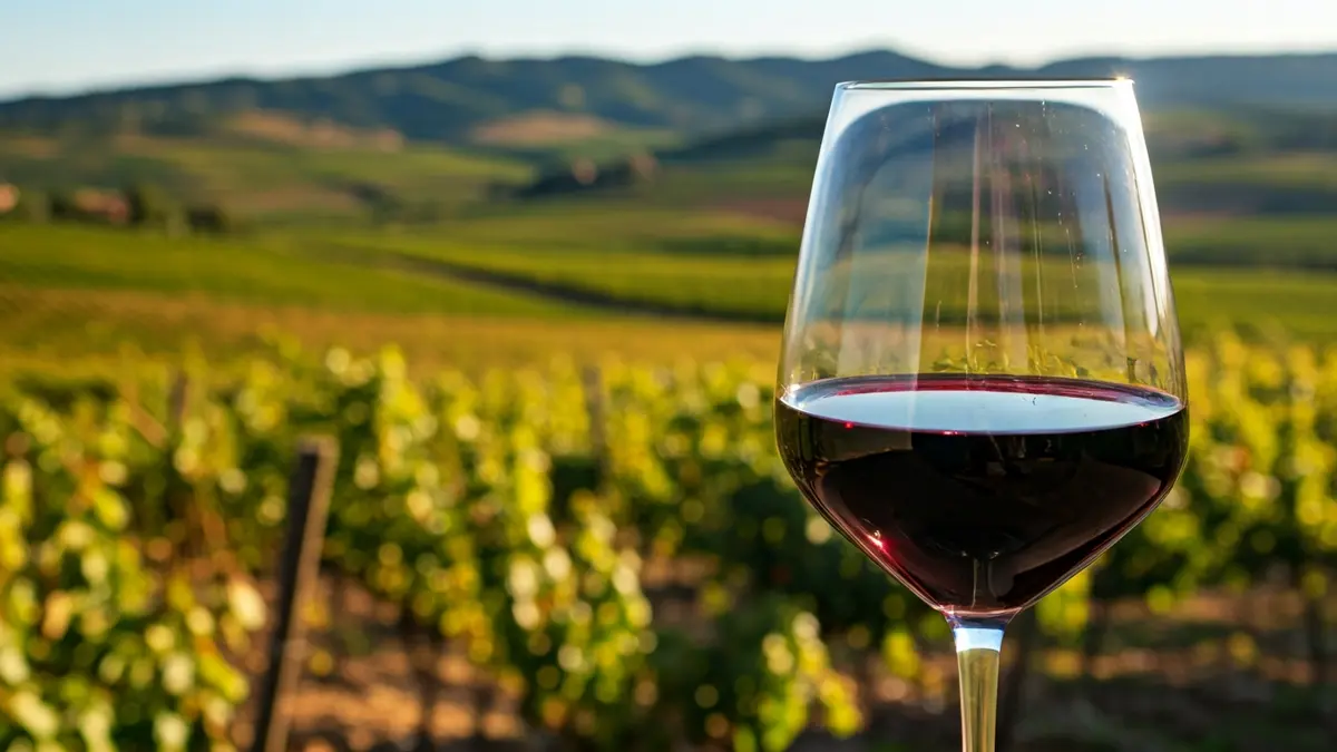 Image of a wine glass with red wine, with blurred Rioja Alavesa vineyards in the background.