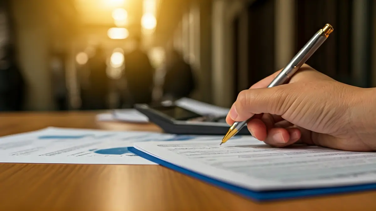 Imagen genérica de una mano rellenando una declaración de impuestos, con luz cálida de oficina.