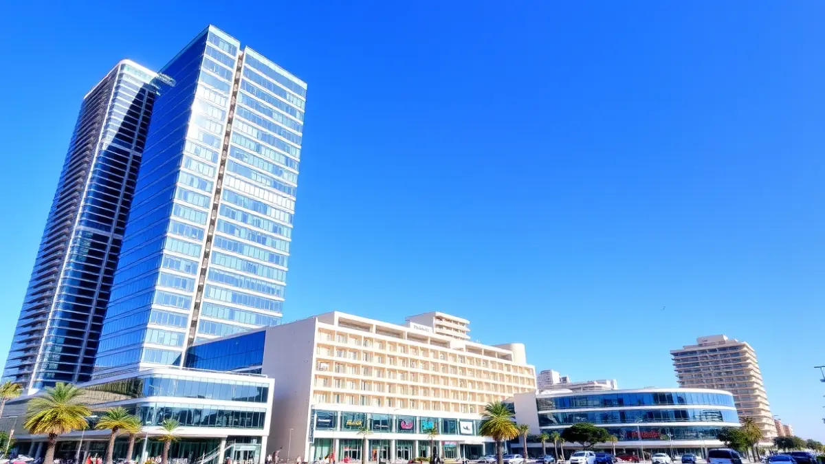Vista de un rascacielos de oficinas, un hotel y un centro comercial en un entorno urbano.