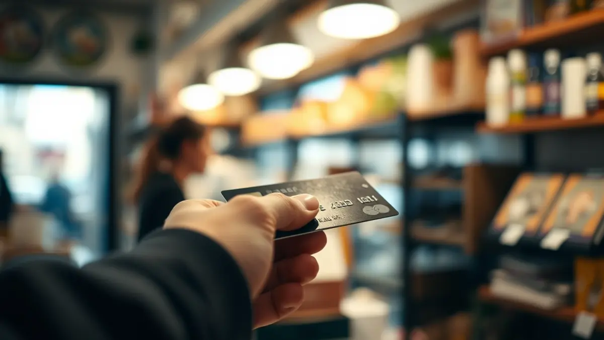 Imaxe xenérica dunha man sostendo unha tarxeta de crédito nun comercio.