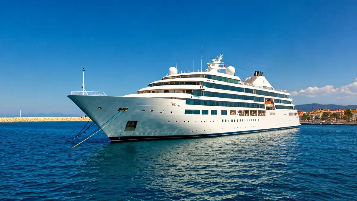 A boutique cruise ship docked at the port of Arrecife, Lanzarote.