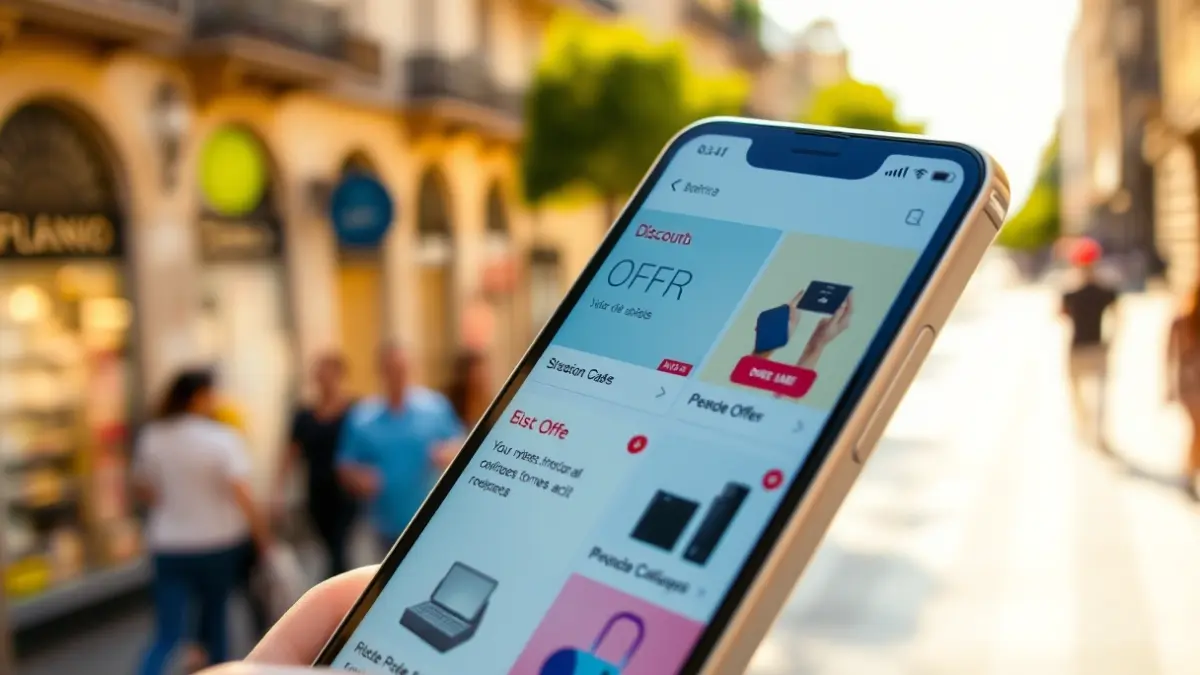 Imagen genérica de una pantalla de teléfono móvil mostrando ofertas y catálogos digitales en un entorno urbano.