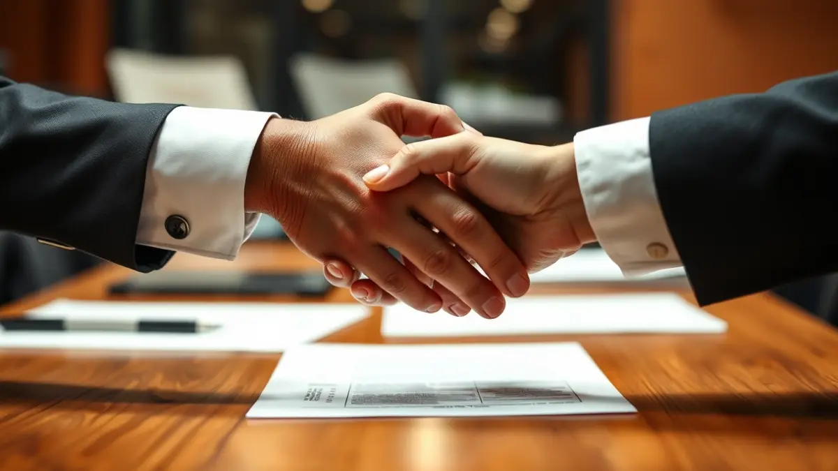 Imaxe xenérica de mans estreitándose nunha mesa de negociación.