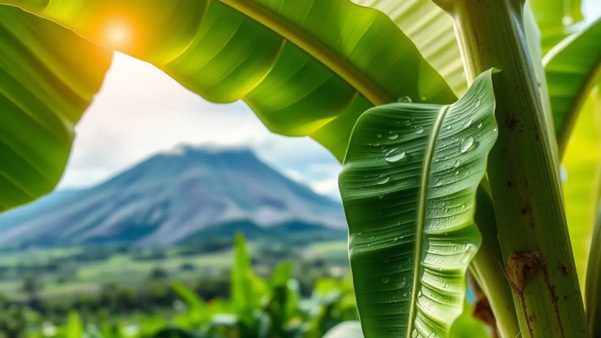 Image of a banana plant leaf with water droplets, with a blurred volcanic landscape in the background.