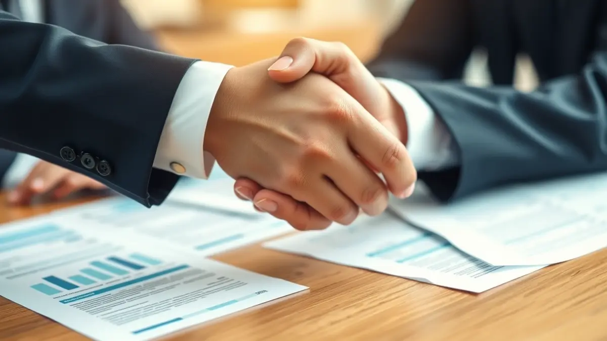 Imagen genérica de dos manos en atuendo formal estrechándose sobre un escritorio, representando una adquisición o fusión empresarial.