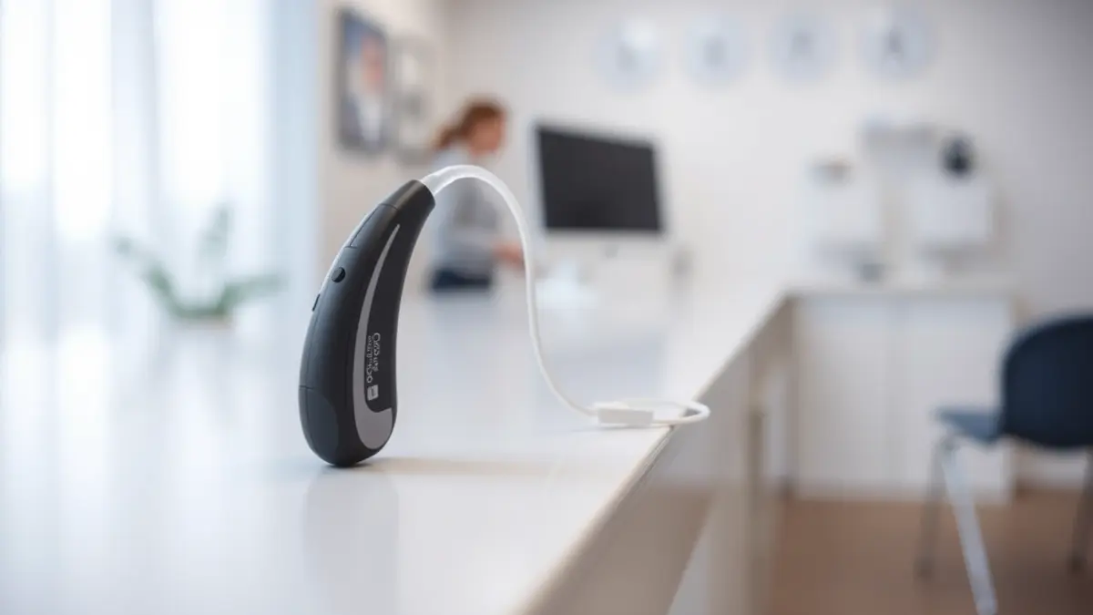 Generic image of a modern hearing aid in a clinical setting.