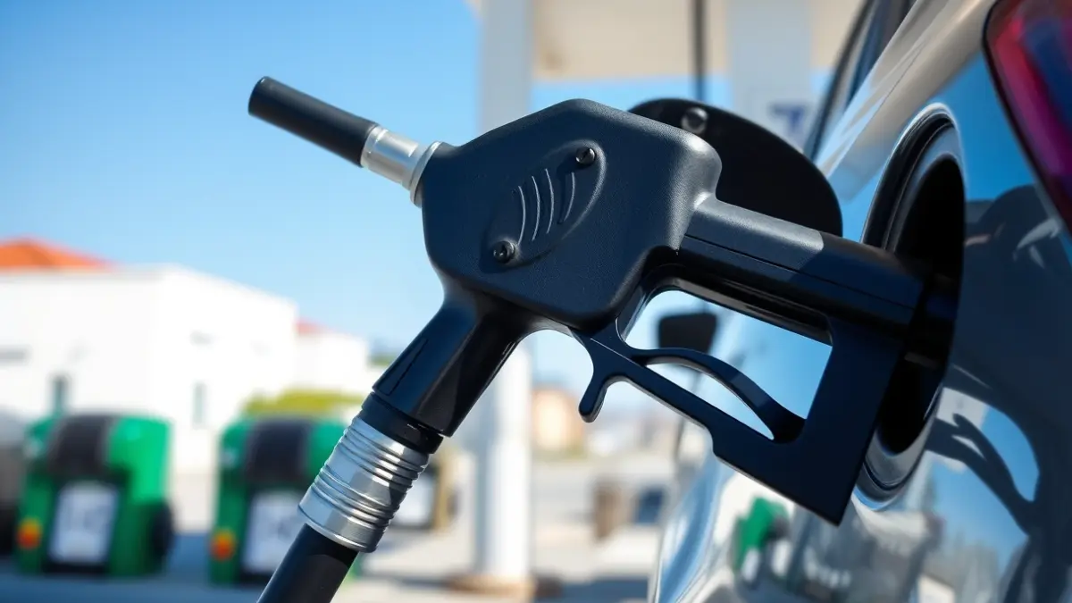 Image of a gas station at the border, with a vehicle with a French license plate refueling.