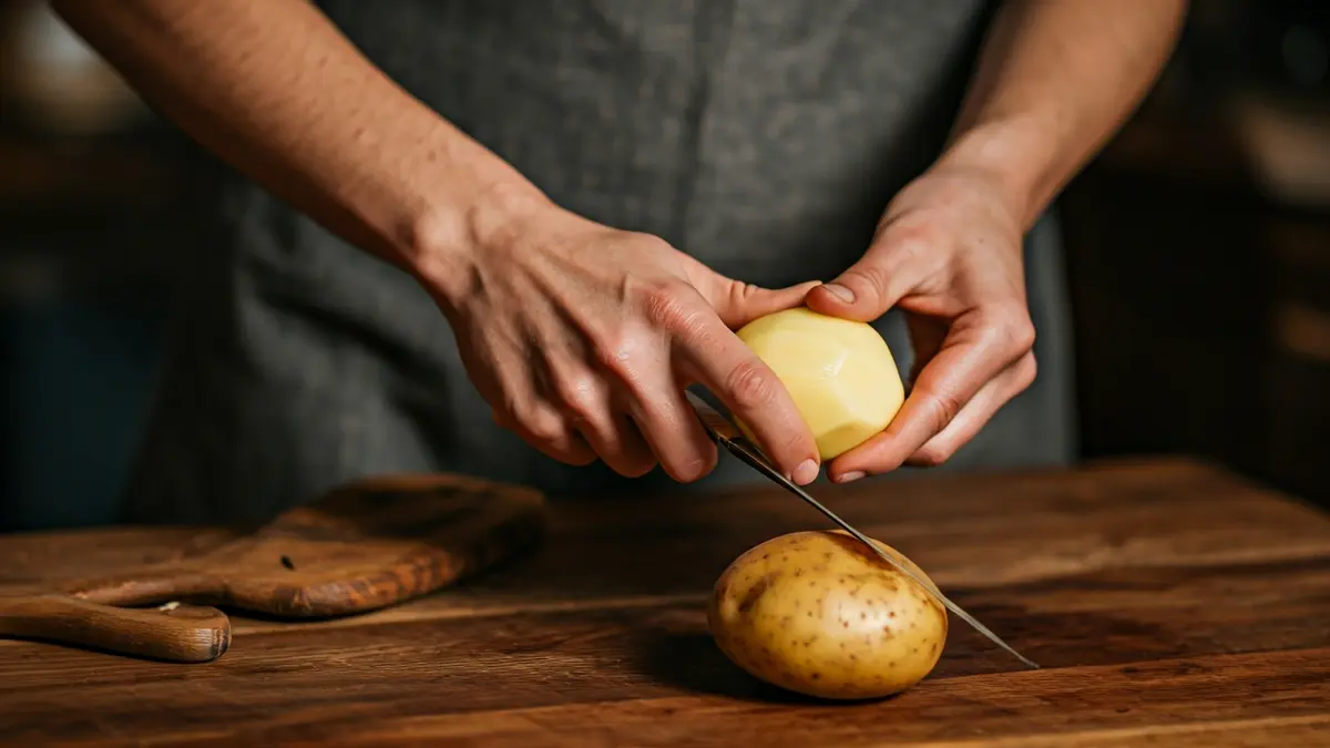 Imagen genérica de manos pelando patatas en una cocina rústica.