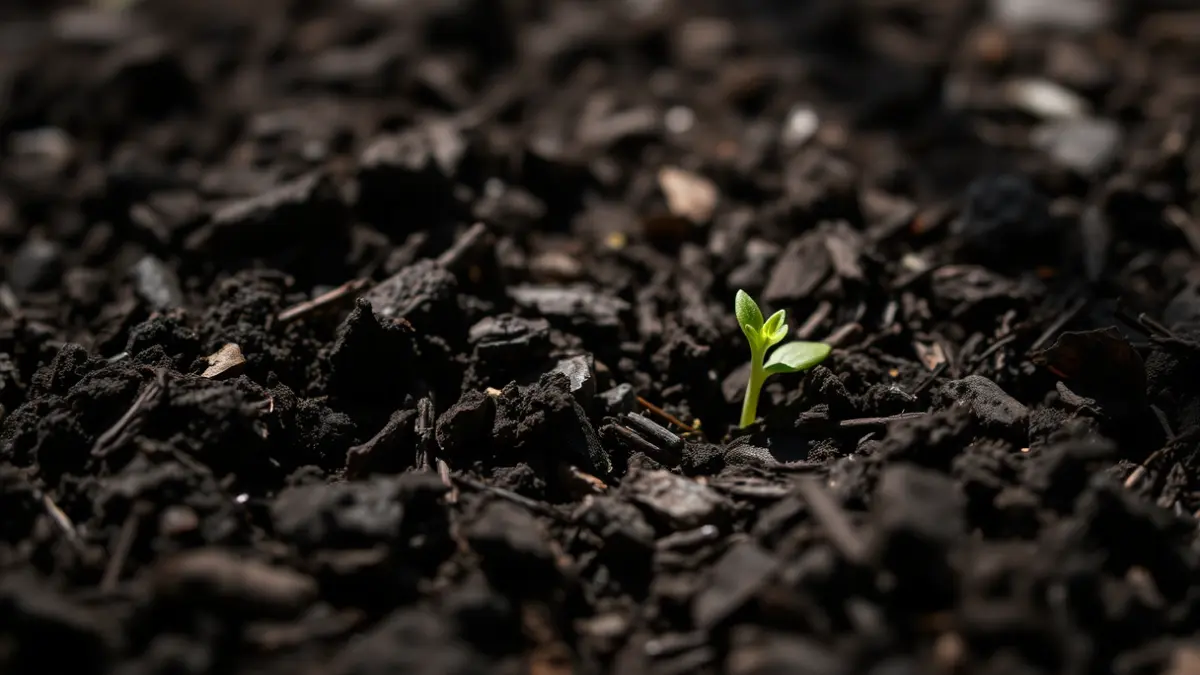 Generic image of organic compost, showing its texture and a green sprout.