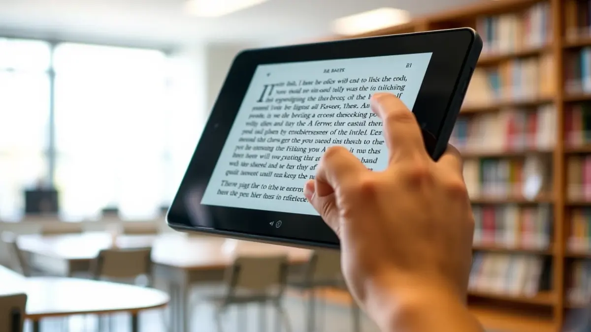 Generic image of a hand reading a braille e-book device, in a modern classroom or library.