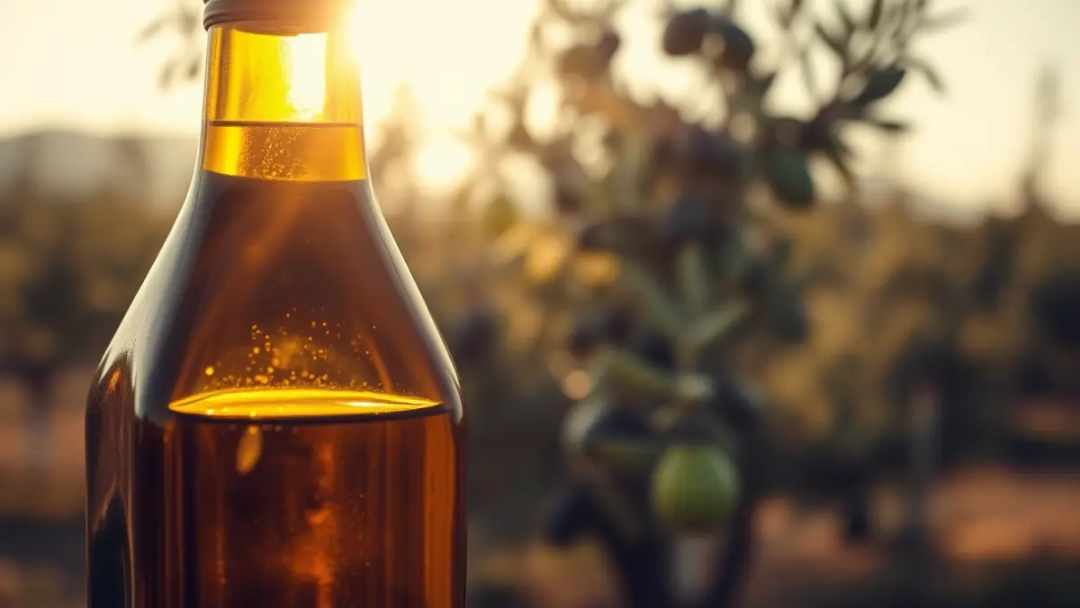 Generic image of an extra virgin olive oil bottle with an olive grove in the background.