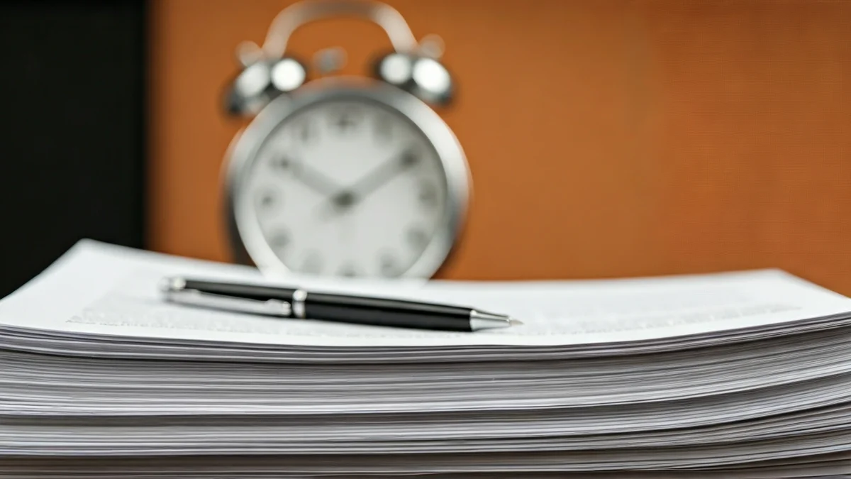 Imagen genérica de documentos oficiales apilados con un bolígrafo y un reloj, simbolizando la lentitud burocrática.