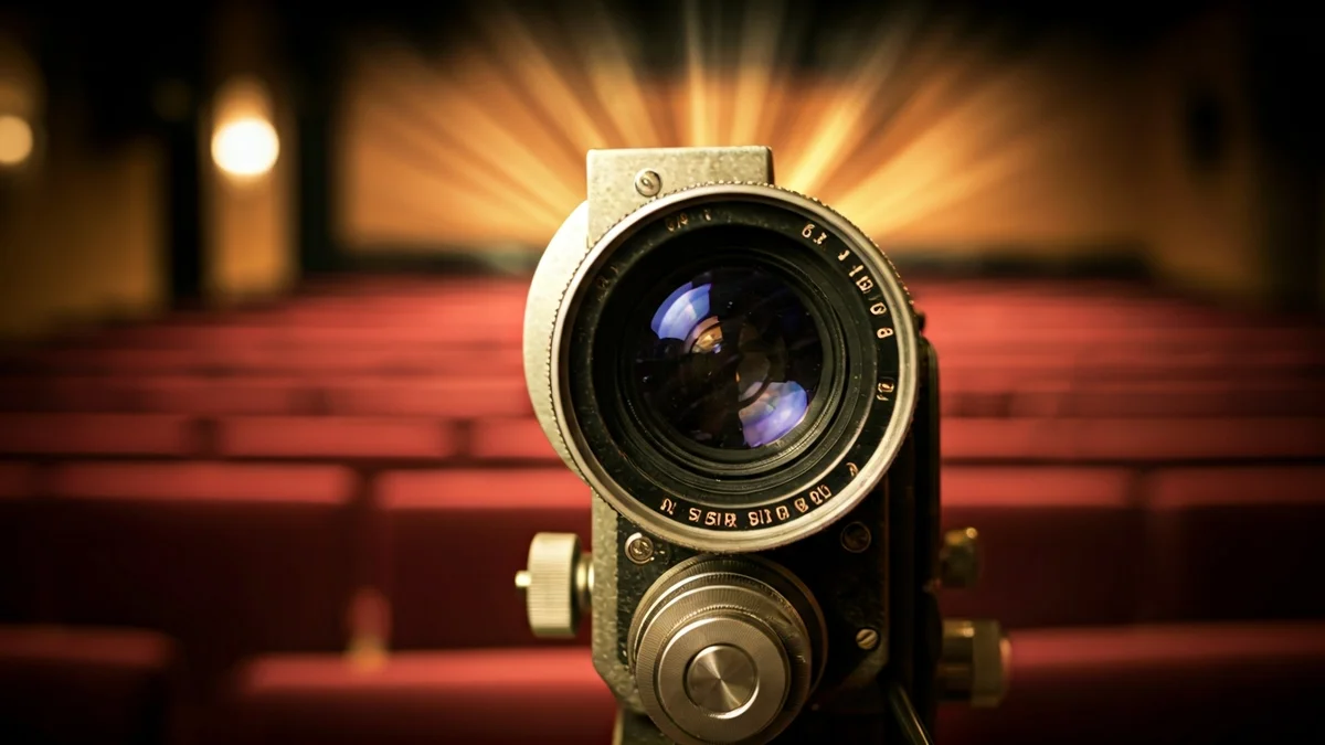 Generic image of a cinema projector lens with light, with blurred cinema seats in the background.