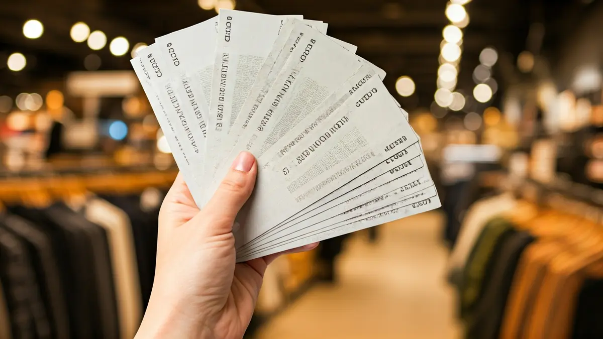 Imagen genérica de una mano con bonos de compra, con un fondo de tienda difuminado.