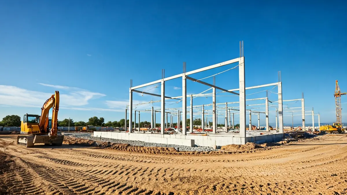 Imagen de un solar en construcción con maquinaria pesada y estructuras parcialmente construidas, bajo un cielo azul claro, en un paisaje mediterráneo.