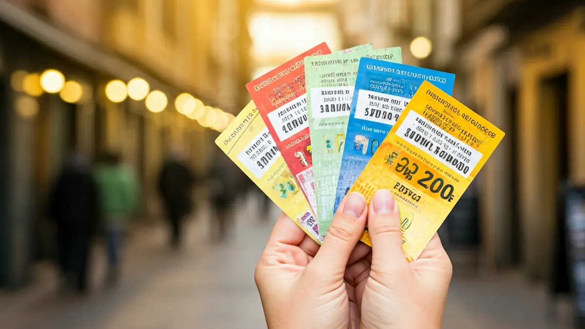 Generic image of a hand holding discount vouchers, with blurred local shops in the background.