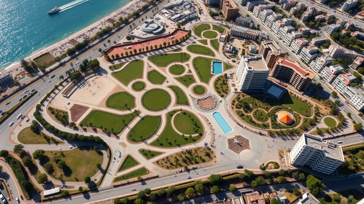 Aerial image of an urban development project with green areas and buildings under construction in a coastal city.