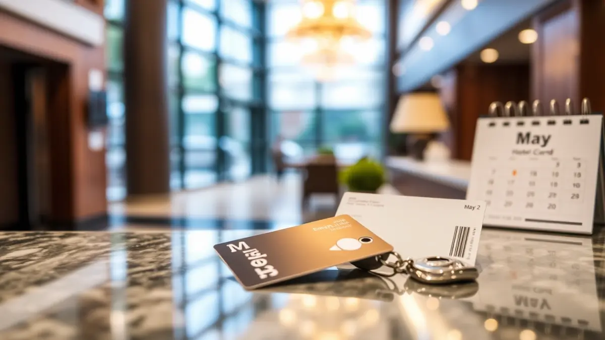 Imagen genérica de una tarjeta llave de hotel sobre un mostrador de recepción, con un fondo difuminado de un vestíbulo de hotel moderno.
