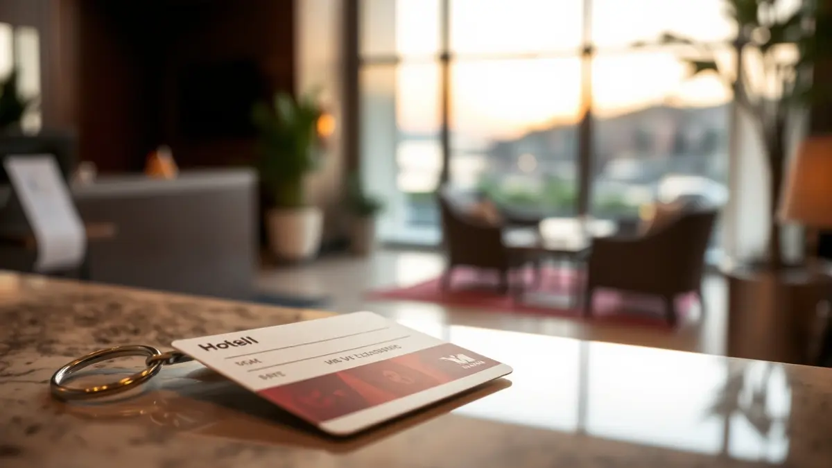 Imagen genérica de una tarjeta llave de hotel en una recepción, con un fondo desenfocado de un vestíbulo de hotel moderno.