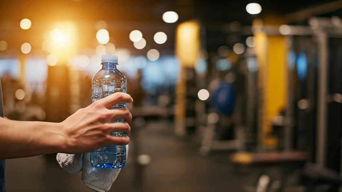 Imagen genérica de manos sosteniendo una botella de agua y una toalla en un gimnasio moderno.