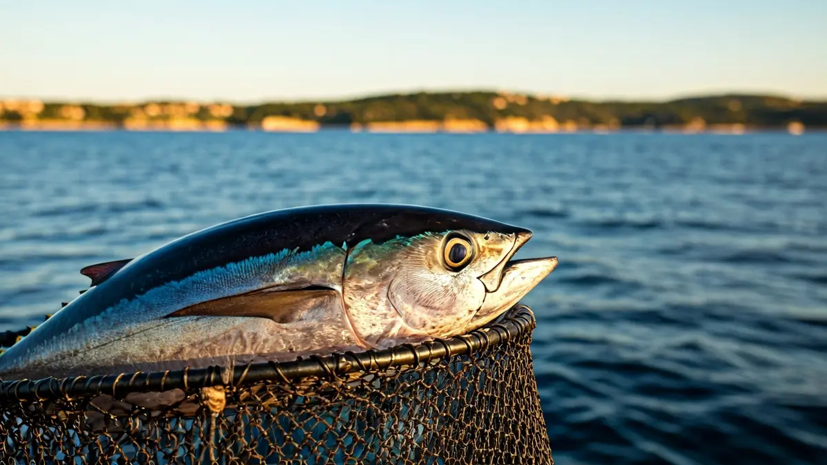 Imagen genérica de pesca sostenible de atún, mostrando un atún capturado en una red.