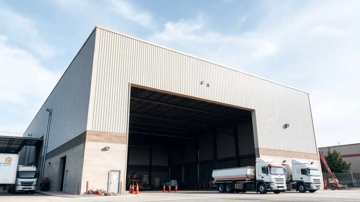 Imagen de una nave industrial en construcción y camiones estacionados en un polígono.