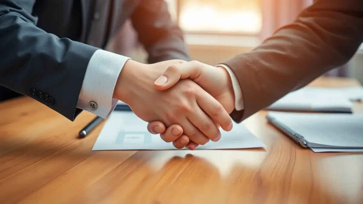 Generic image of two hands shaking over a desk, representing business collaboration.