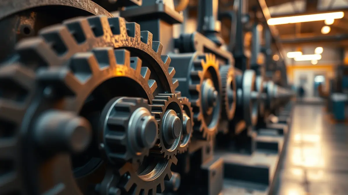 Imagen genérica de un detalle de engranajes de maquinaria industrial, con el interior de una fábrica al fondo.