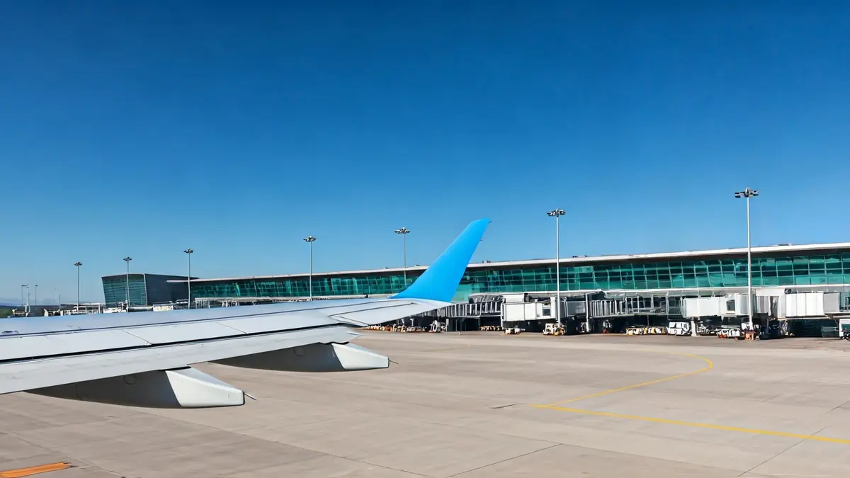Generic image of an airplane wing with blurred airport runway and terminal in the background.