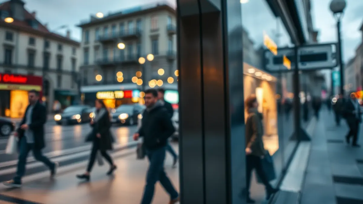 Imagen genérica de un escaparate de tienda en una calle comercial principal de Bilbao, reflejando las luces de la ciudad.