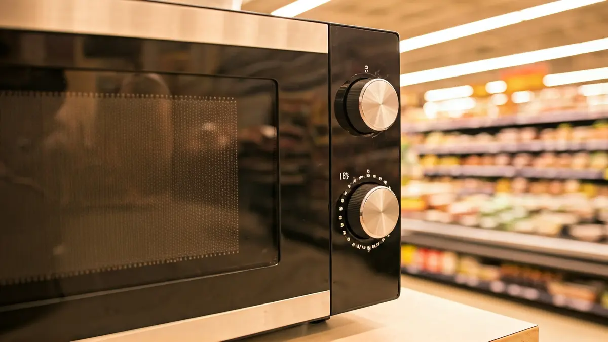 Imagen genérica de un horno microondas dentro de un supermercado, con estantes de comida preparada borrosos al fondo.