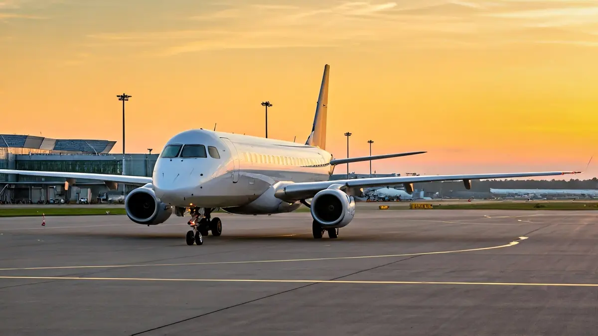 Generic image of a modern airplane on an airport runway at sunset.