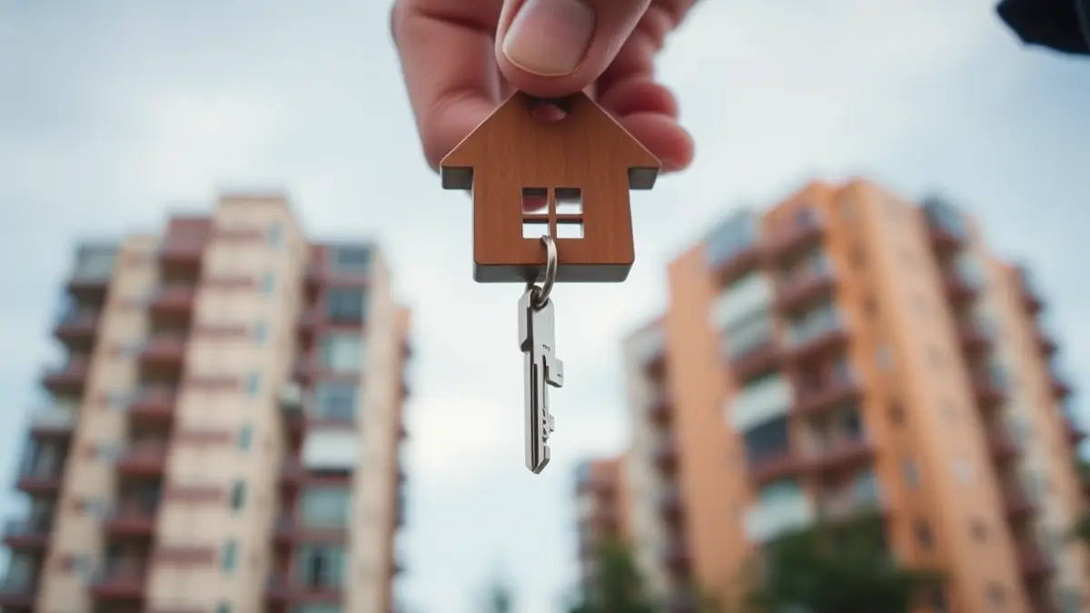 Imagen genérica de una mano sosteniendo una llave de casa, con edificios de apartamentos borrosos al fondo.
