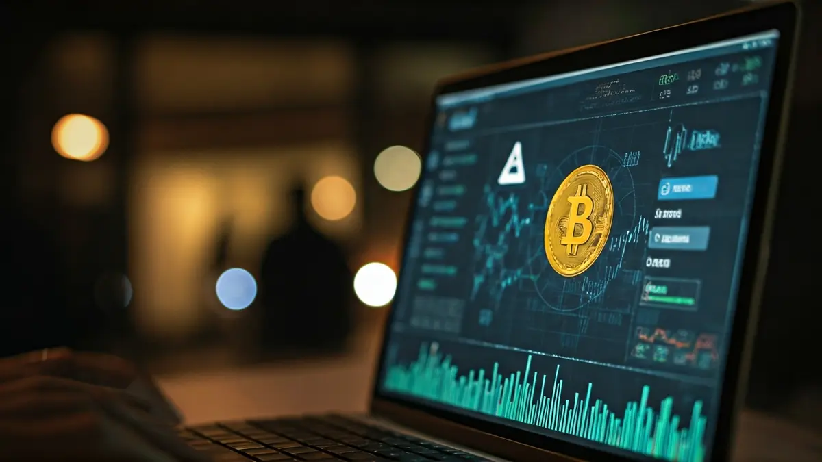 Generic image of a digital screen displaying cryptocurrency charts and symbols.