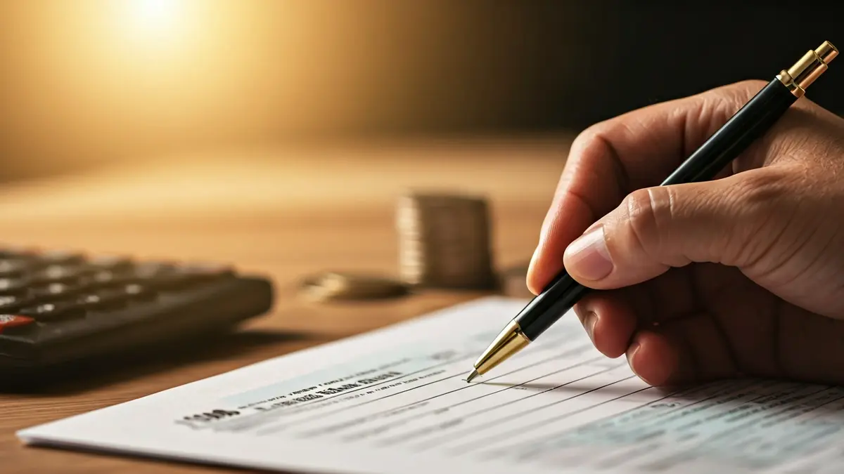 Imagen genérica de una mano rellenando una declaración de impuestos, con una calculadora y algunas monedas al fondo.