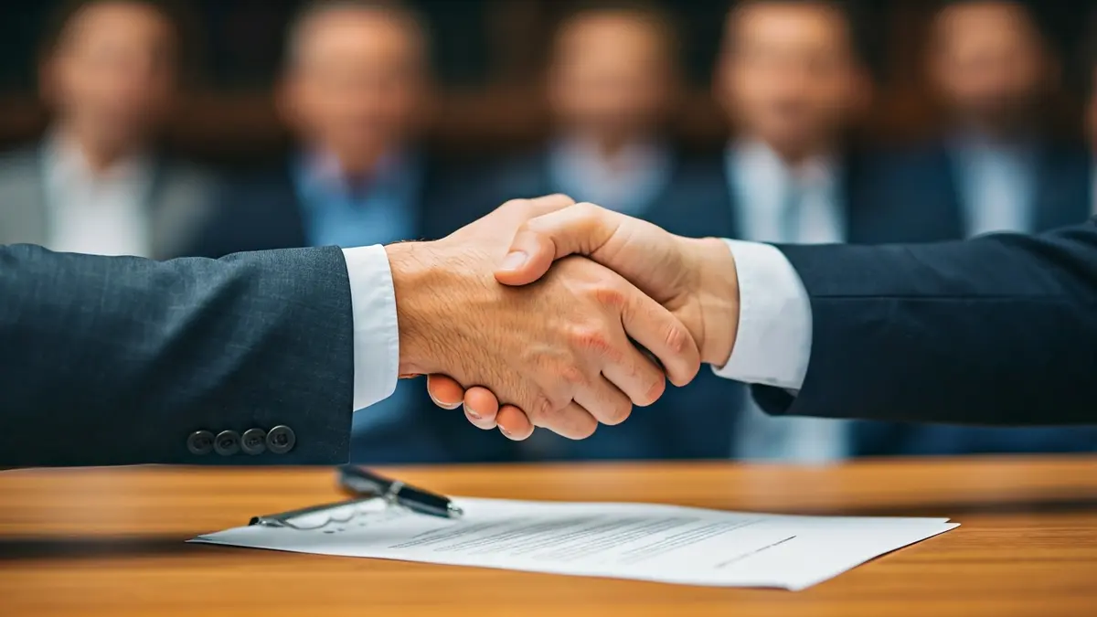 Generic image of two hands shaking over a desk, symbolizing an agreement.