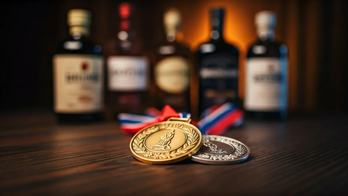 Imagen genérica de medallas de oro y plata, con botellas de bebidas alcohólicas desenfocadas al fondo.