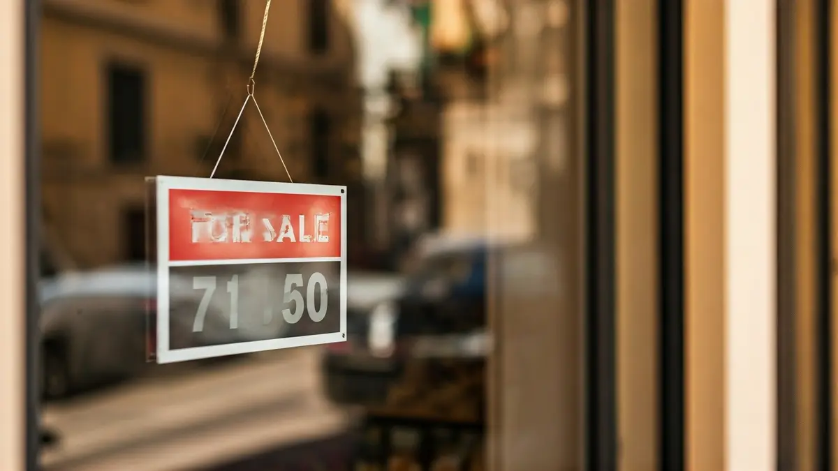 Imagen de un cartel de 'Se vende' en el escaparate de un comercio cerrado en Castelló.