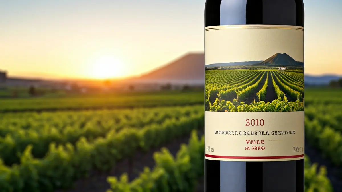 Botella de vino Figuero con viñedos al fondo y un paisaje volcánico sutil.