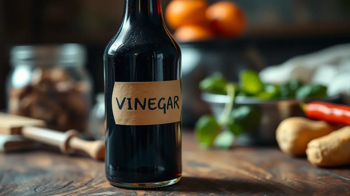 Botella de vinagre ecológico premiado en un entorno gourmet.